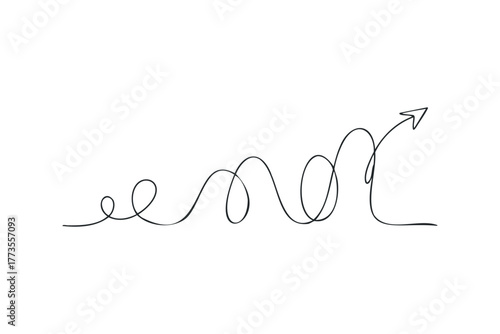 Continuous line drawing of upward trending arrow with winding path