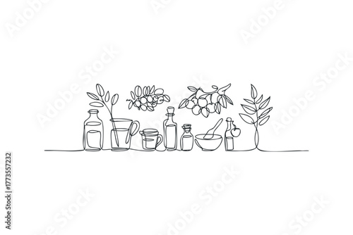 Continuous Line Drawing of Apothecary Bottles and Botanical Elements