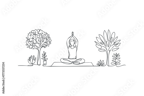 Person meditating outdoors surrounded by stylized plants and trees