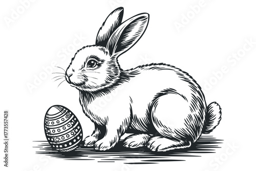 Rabbit and Decorated Egg Line Drawing