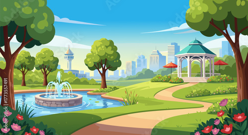 Cartoon style illustration of a beautiful park scene with a fountain, gazebo, trees, and city skyline