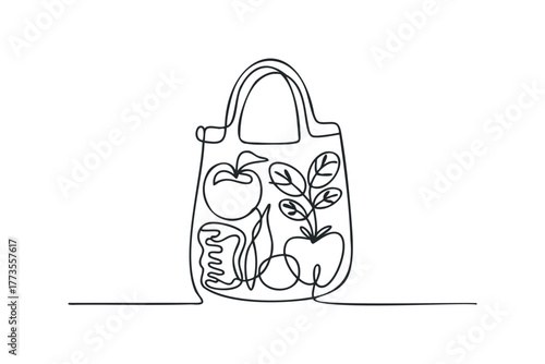 Single line drawing of grocery bag with produce