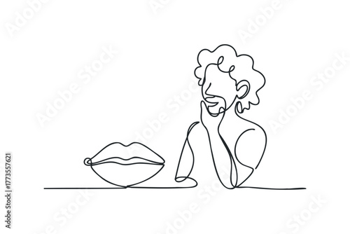 Line drawing of a man with curly hair touching his chin and lips