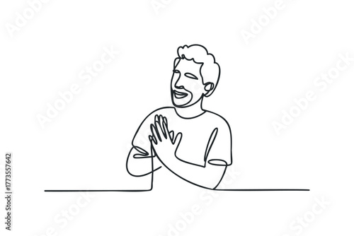Line art of a man with hands pressed together in a gesture of gratitude.