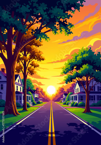 Sunset over a suburban street with houses and trees, illuminated by the golden hour, vibrant colors