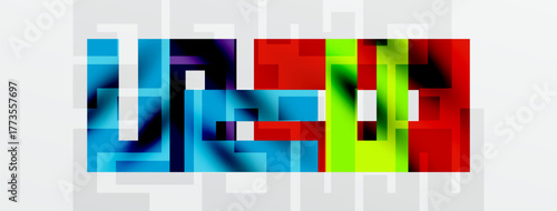 Abstract geometric pattern. Bright colors blend, creating complex shapes. Grid background provides contrast. Modern digital art.