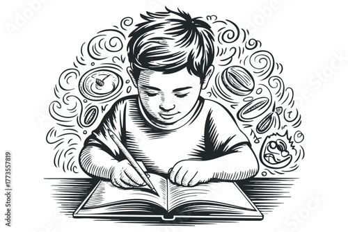 Boy diligently writing in an open book surrounded by whimsical swirls