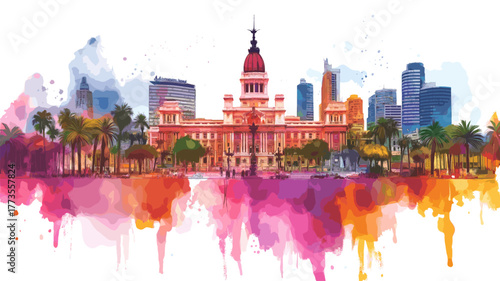 Plaza de Mayo and Casa Rosada. Plaza de Mayo and Casa Rosada hand drawn watercolor illustration