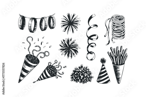 Party poppers, streamers, hats, and confetti collection