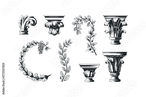 Ornate classical architectural elements and botanical flourishes
