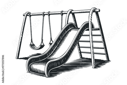 Monochrome playground swing and slide equipment