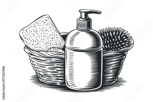 Woven basket with soap dispenser and scrubber