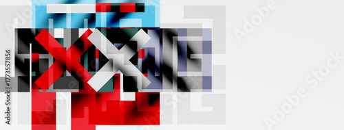 Abstract geometric composition. Squares, rectangles overlap creating complex visual texture. Red, black, light blue dominate palette. Minimalist design.