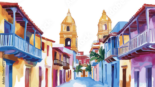 Cartagena Old Town. Cartagena Old Town hand drawn watercolor illustration