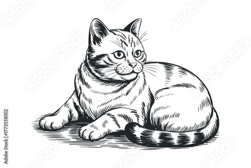 Etched Tabby Cat Resting on White Surface