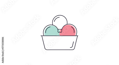 Stylized icon of three scoops of ice cream in different colors in a white bowl on a white background.