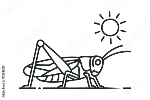 Line art of a grasshopper with sun icon