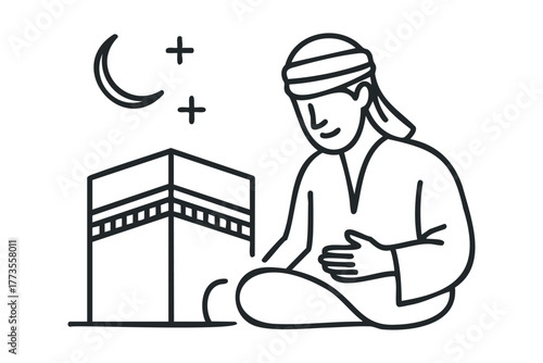 Muslim man prays near Kaaba with crescent moon and stars