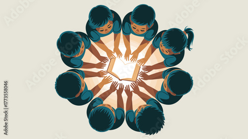Illustration of children surrounding a glowing book with their hands on the book in a circle