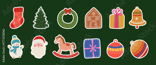 A cute set of holiday stickers for Christmas and New Year. Festive, winter season. Perfect for greeting cards or parties.