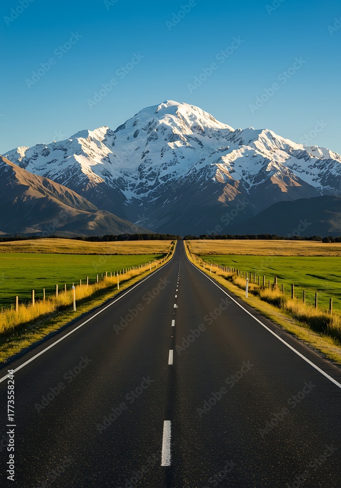 Naklejka premium Scenic Open Road Leading to Majestic Snow-Capped Mountain Under Clear Blue Sky.