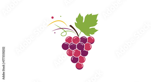 Stylized bunch of red and purple grapes with a green leaf and decorative swirls and dots, symbolizing wine or vineyards.
