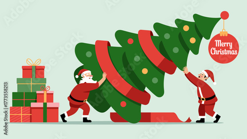 Santa claus characters struggling to decorate a large christmas tree with festive ornaments and presents stacked nearby