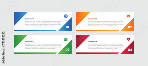 4 points infographic with gradient style with rectangle box with triangle slice on each side with 4 elements stages