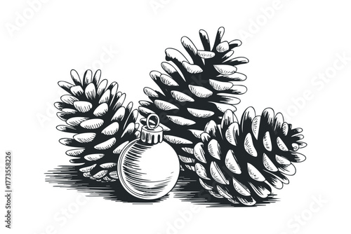 Group of Pine Cones with Christmas Ornament