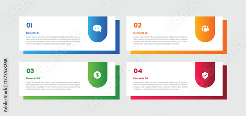 4 points infographic with gradient style with rectangle box on quadrant structure with round badge on top with 4 elements stages