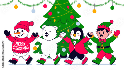 Joyful christmas characters including a snowman polar bear penguin and elf dancing happily around a decorated tree