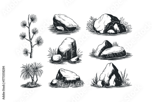 Hand drawn collection of natural stones and foliage
