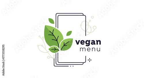 Stylized vegan menu logo with green leaves and abstract circuit design elements on a white background.