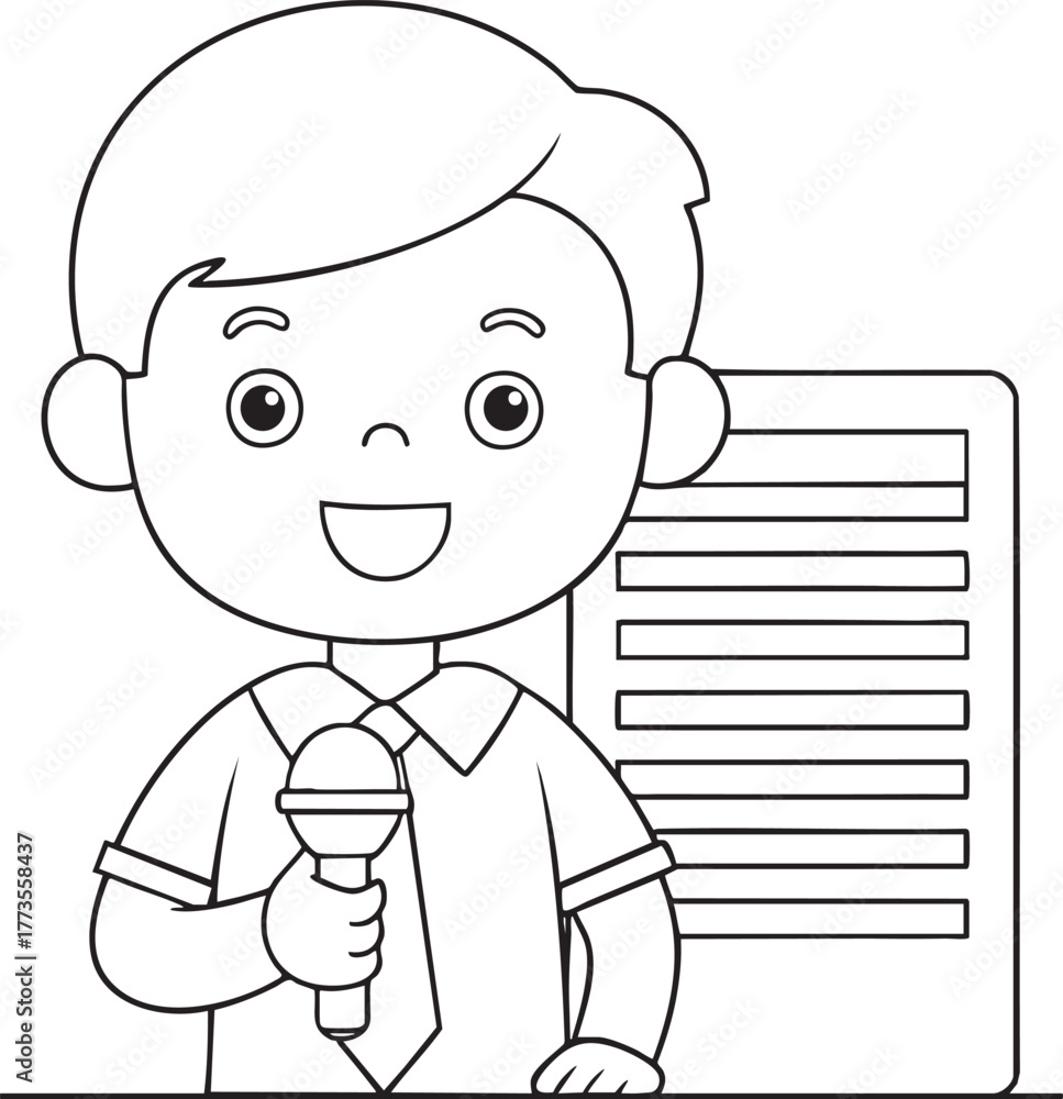 Fototapeta premium a cartoon boy holding a microphone standing in front of a notepad