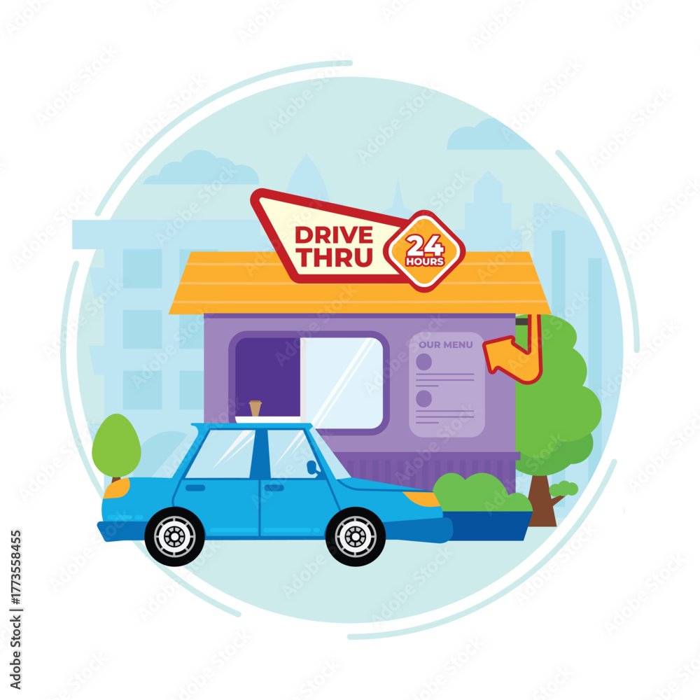 Fototapeta premium drive thru purchase illustration, drive-thru building, drive thru corner illustration