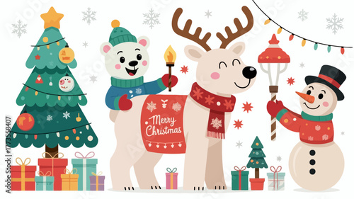 Cute polar bear and snowman decorating a christmas tree and reindeer with festive holiday lights and presents