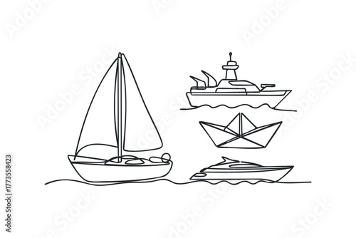 Continuous line drawing of diverse watercraft on white background