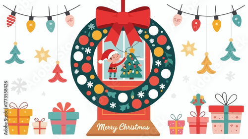 Festive christmas wreath featuring santa claus inside a snow globe surrounded by gifts and twinkling lights