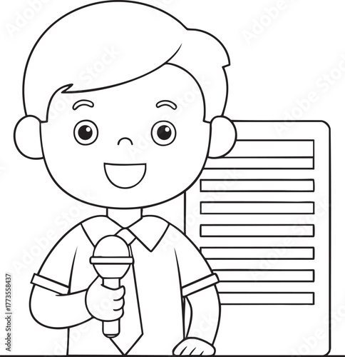 Joyful cartoon boy journalist holding microphone ready to report news childrens coloring page