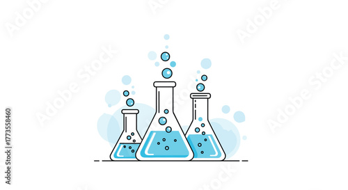 Stylized illustration of three conical flasks with blue liquid and bubbles, representing science and chemistry experiments.