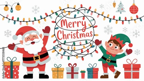 Joyful santa claus and elf decorating with colorful christmas lights and gifts for a festive holiday celebration