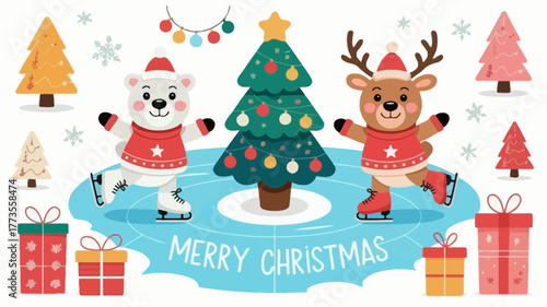 Cute cartoon polar bear and reindeer ice skating happily around a decorated christmas tree with presents and snowflakes
