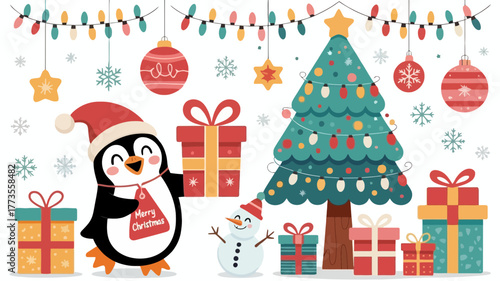 Cute cartoon penguin wearing a santa hat and scarf with gifts and a christmas tree festive holiday illustration