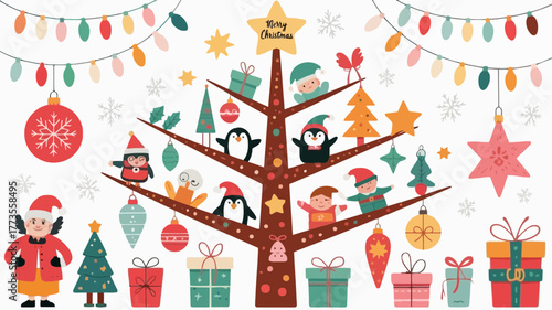 Whimsical christmas tree decorated with cute gnomes penguins and festive ornaments surrounded by gifts and lights