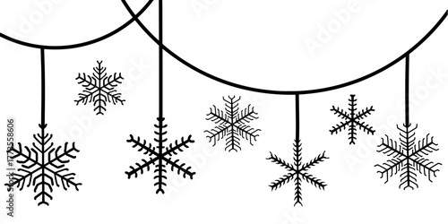 Hanging snowflakes line art garland border. Christmas border snowflake clip art illustration
