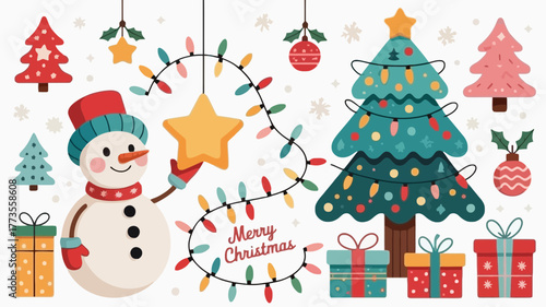 Festive christmas illustration featuring a cheerful snowman decorated evergreen trees glowing string lights and gift boxes perfect for holiday designs