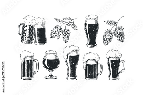 Collection of Beer Mugs and Hops Sketches