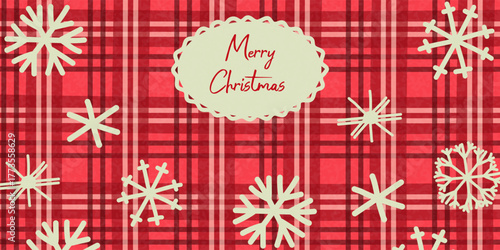 Merry Christmas greetings on a festive red checkered background with a pattern of white snowflakes. Winter holiday seasonal decoration concept.