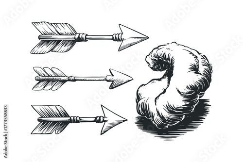 Three arrows approaching fuzzy object with hatching