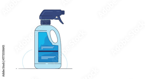 A blue spray bottle with a handle sits on a white background with subtle dashed lines on the left side.